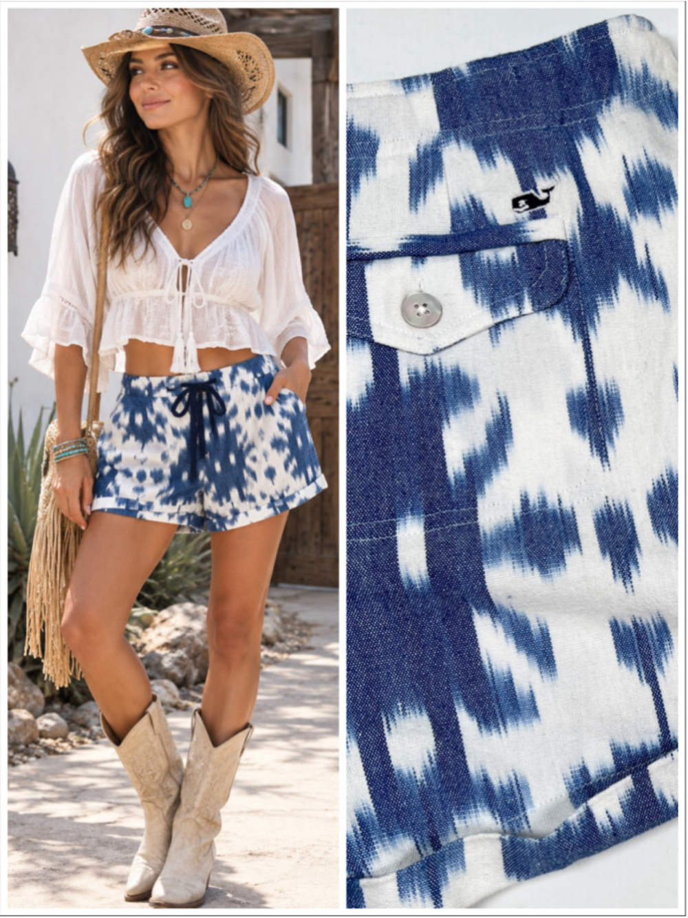 NWT Vineyard Vines Womans Shorts Ikat Print Shorts Size 6 Blue White Southwest